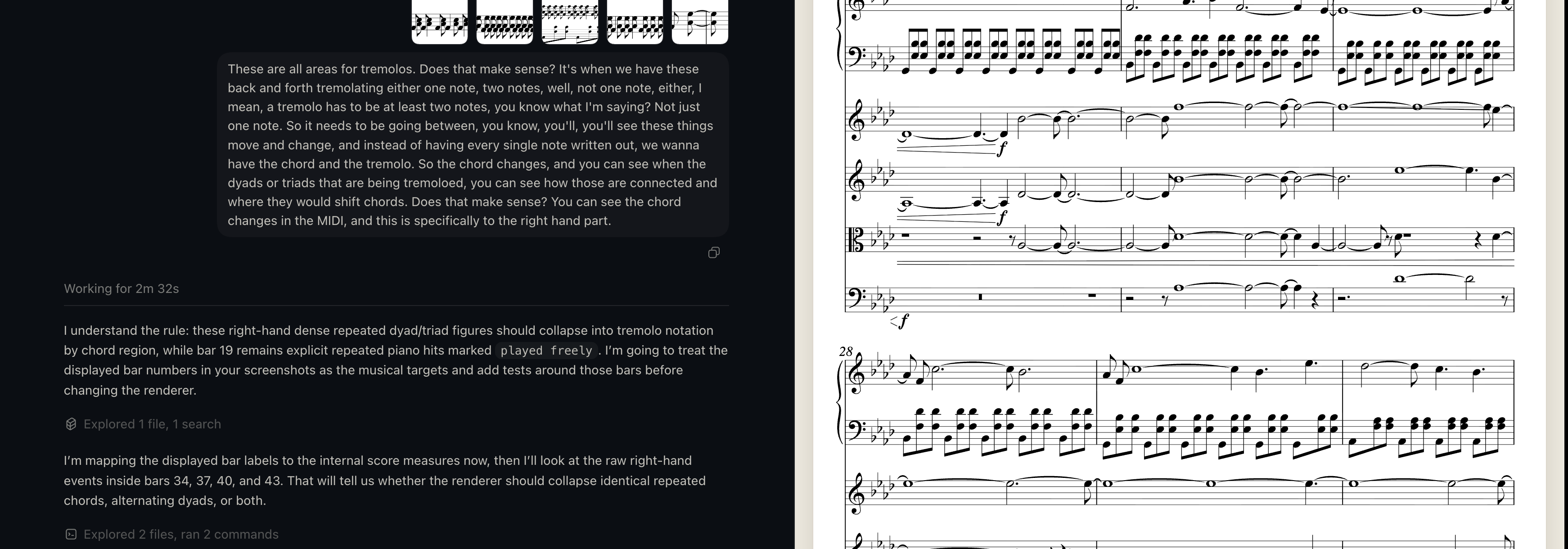 Codex iterating on tremolo rules beside a rendered full score page for An Agreement.
