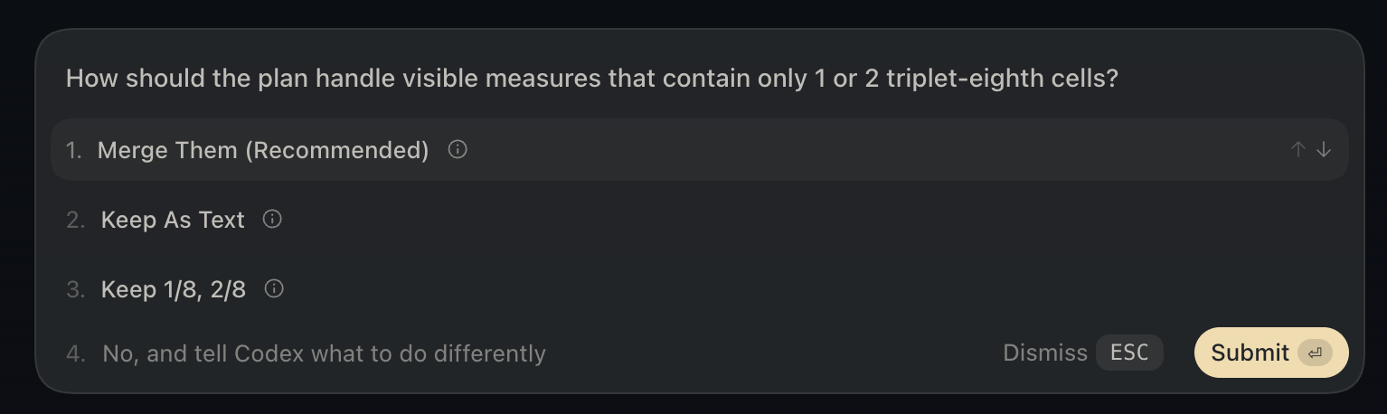 Codex decision prompt asking how to handle visible measures with one or two triplet-eighth cells.